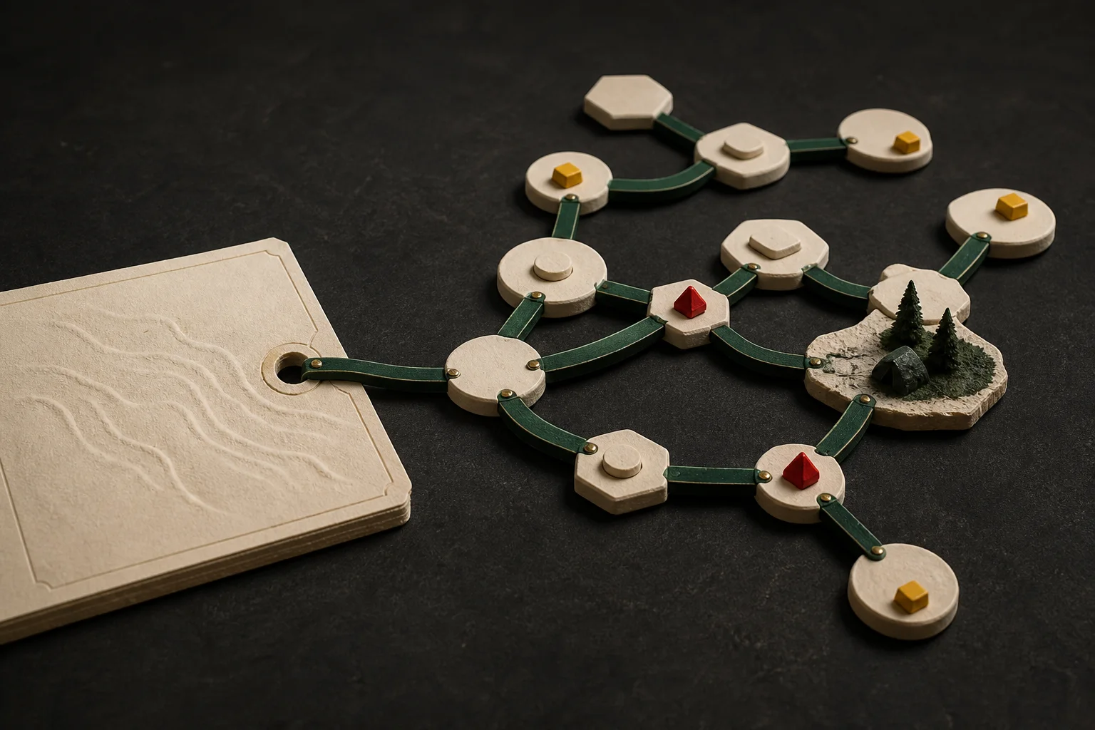 An ivory field-work route branching into governed workflow stations on a dark architectural table