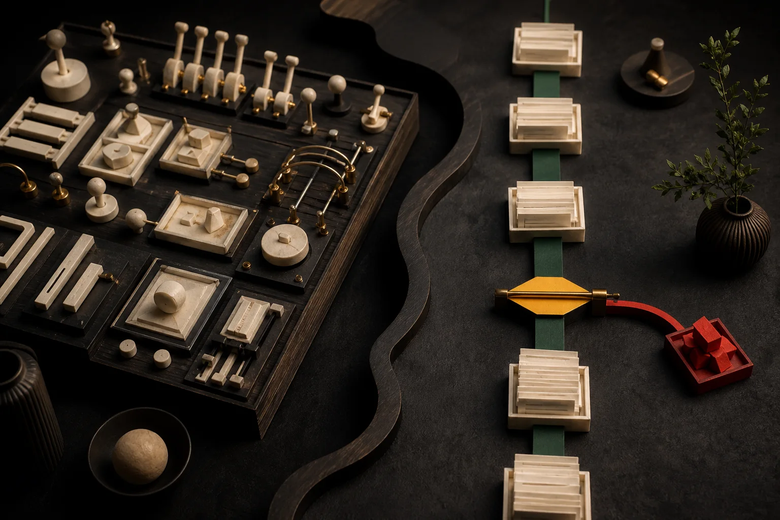 A precise ivory technical control bench resolving into a clear governed operations route