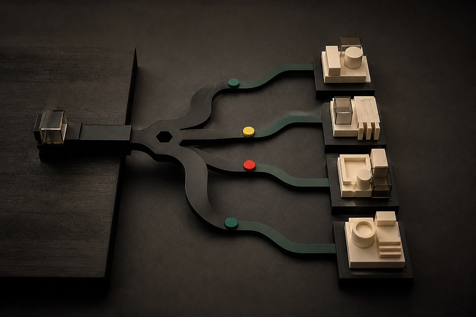 A tactile comparison field of distinct ivory workflow modules arranged around one clear route