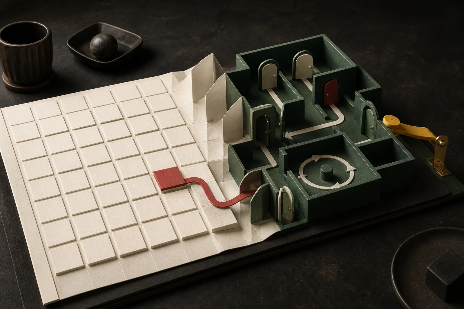 A flat ivory grid folding into a forest-green three-dimensional workflow with controlled doorways