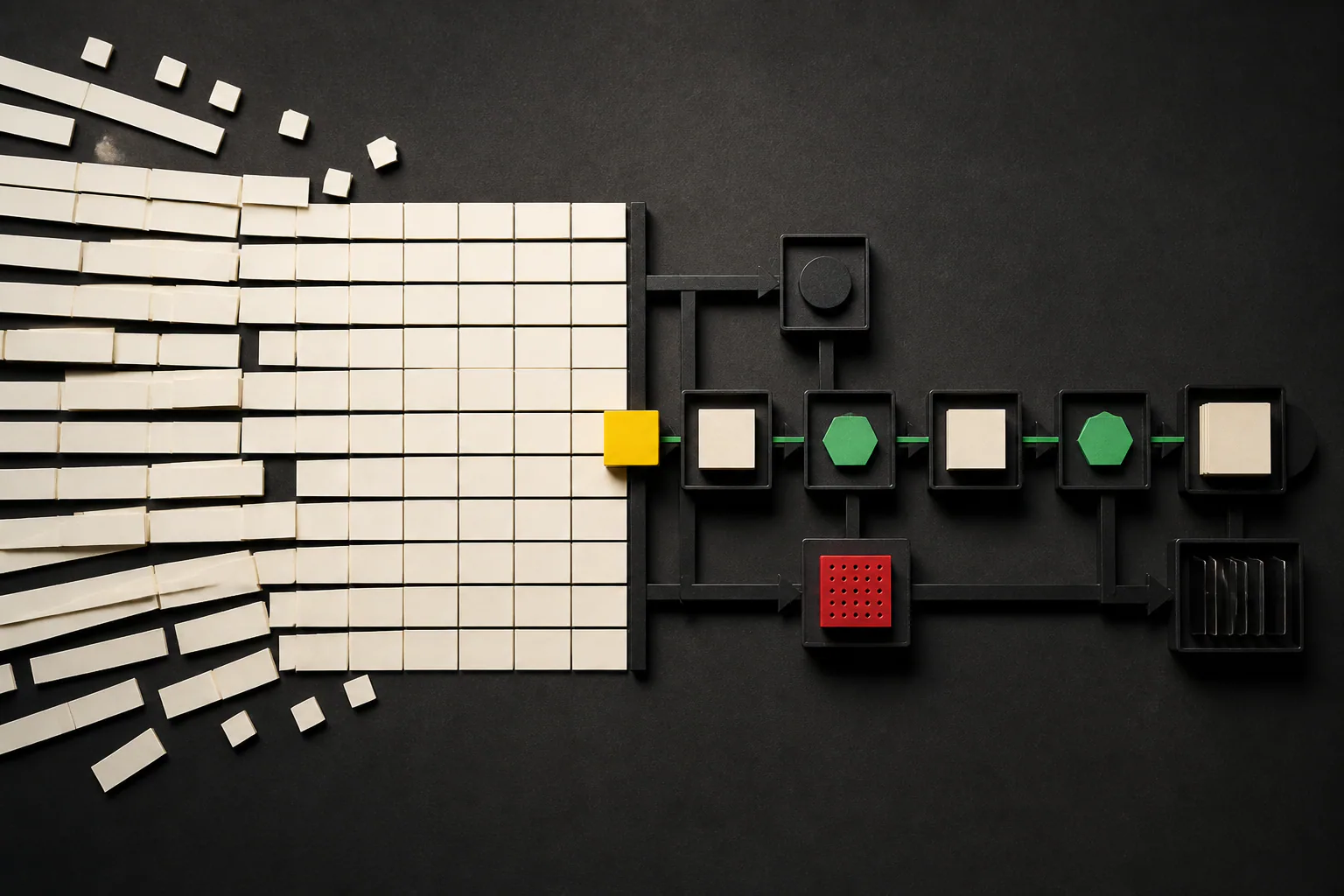 Ivory spreadsheet cells becoming a structured workflow with yellow, green and red controls.