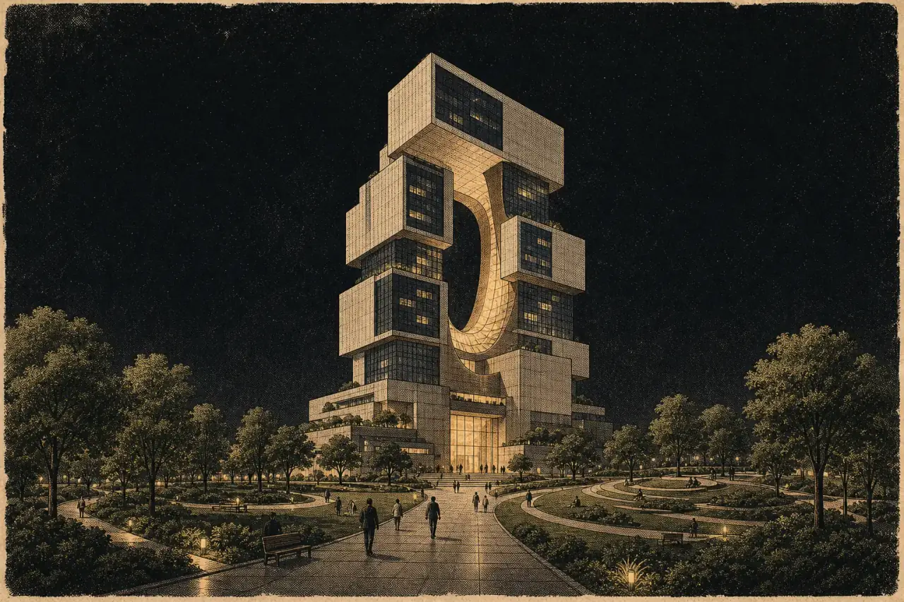 A conceptual high-rise KasiLabs building surrounded by trees, paths and people
