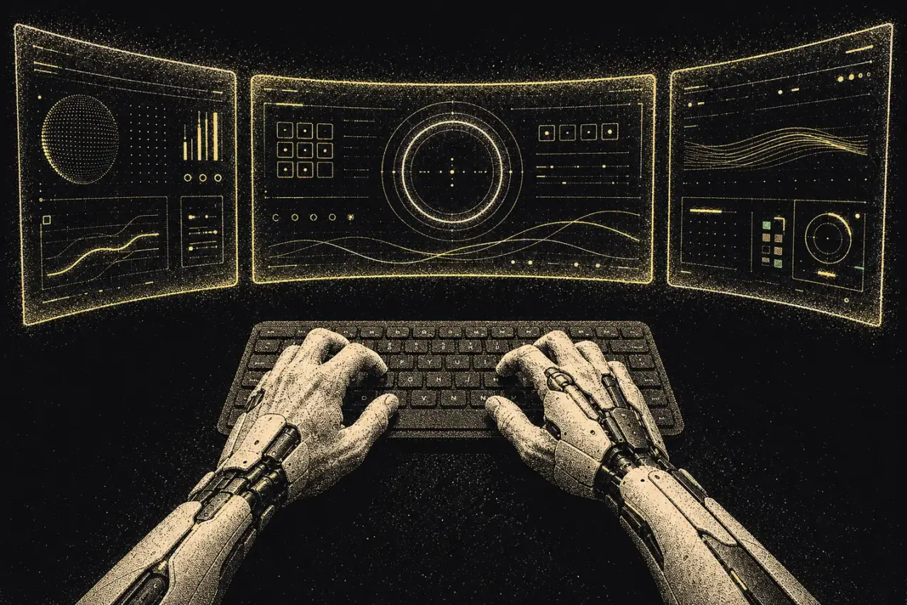 Human and robotic hands working across three curved screens