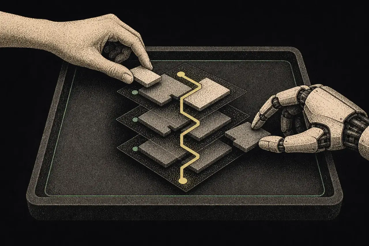 Scattered work pieces becoming one connected layered plan