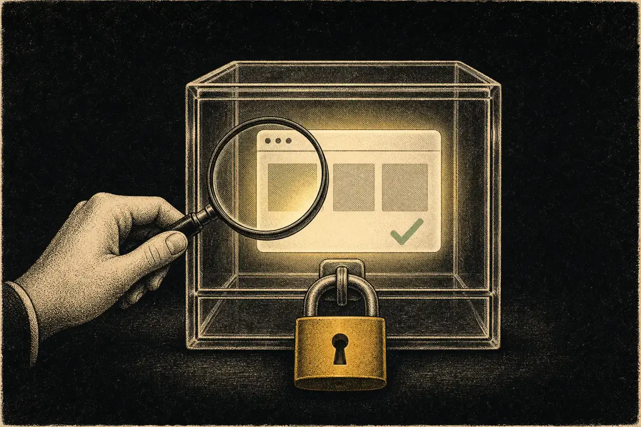 A private app being inspected through a magnifying glass inside a locked glass box